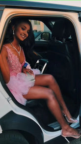 Sequin V-Neck Pink Homecoming Dress with Tulle Ruffle Skirt